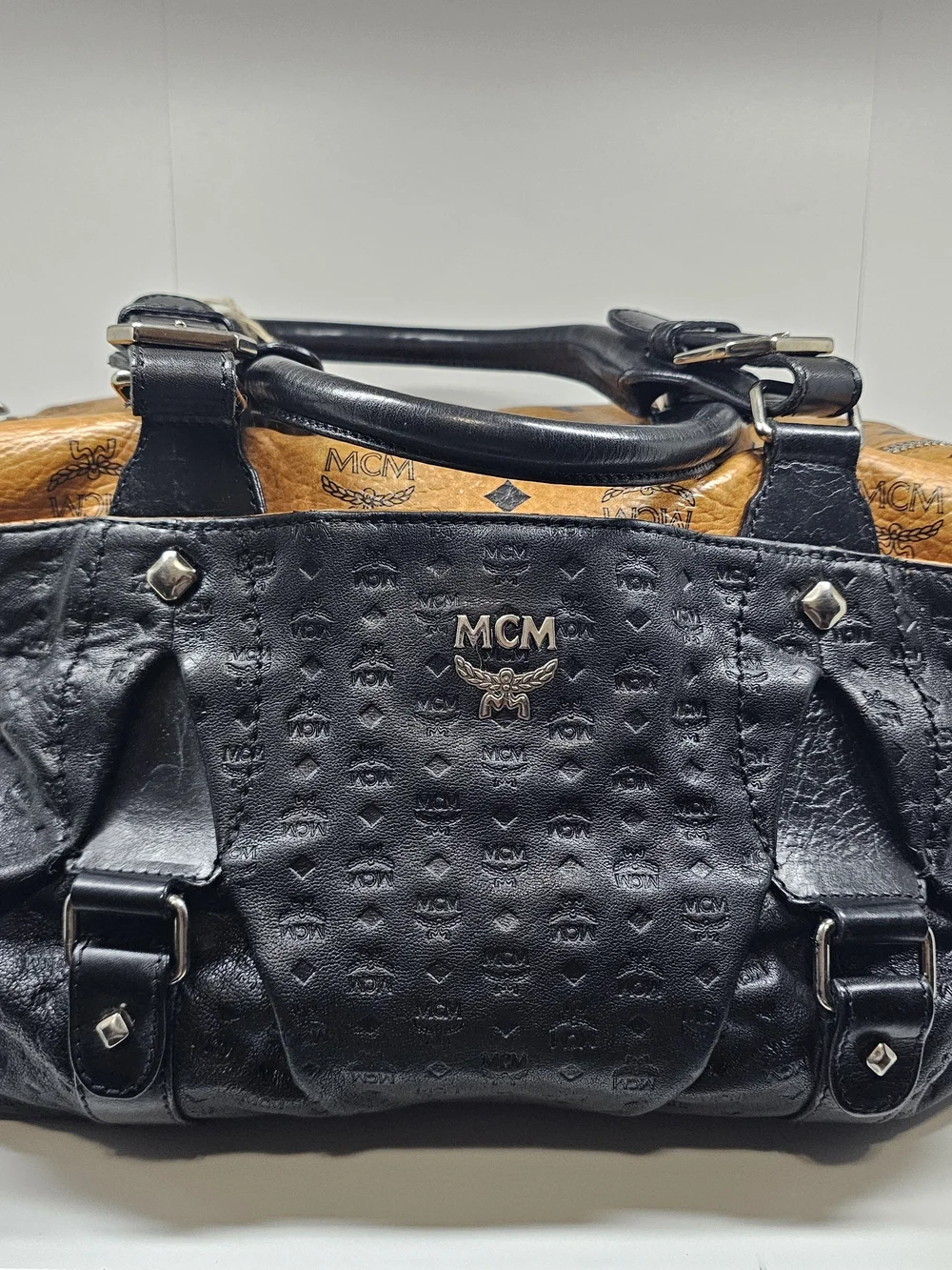 MCM Black Leather Duffel with Cognac Visetos Trim